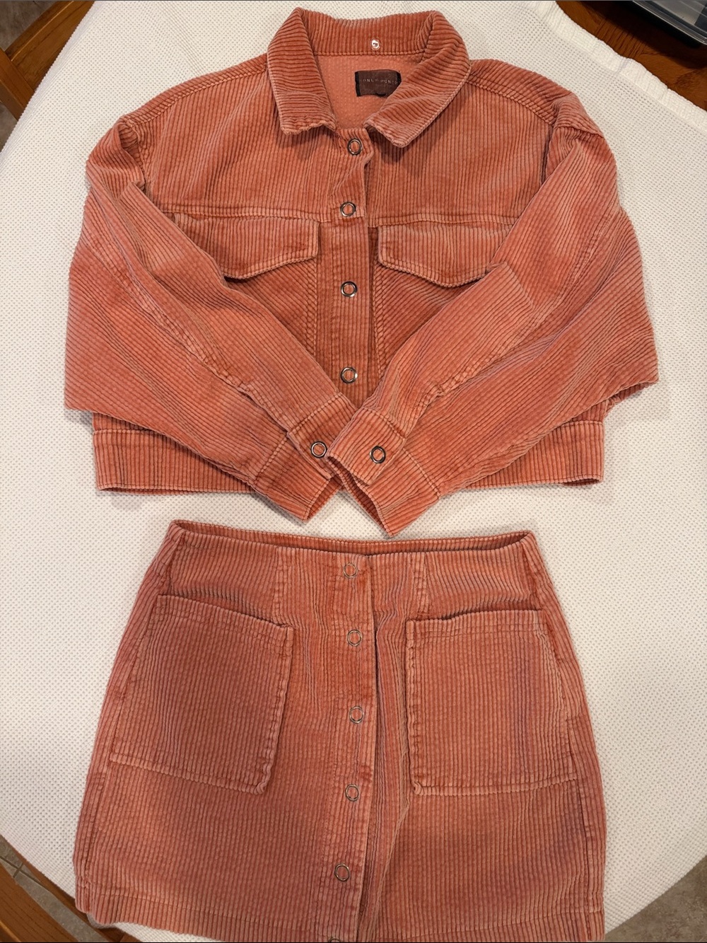 Corduroy Button-Front Mini Skirt & Jacket Matching Set in Dusty Rose